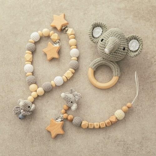 Newborn Baby Toy Set Solid Color Wooden Cartoon Animal Elephant Rabbit Rattle Crochet Pacifier Chain Toys Baby Bath Gifts