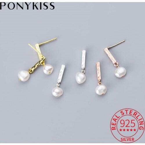 PONYKISS Real 925 Sterling Silver Profiled Pearl Dangle Drop Earring Women Commuting Fashion Temperament Accessories Fine Gift