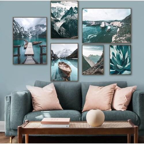 Mountain Lake Boat Canoes Scandinavian Nature Nordic Posters And Prints Wall Art Canvas Painting Pictures For Living Room Decor