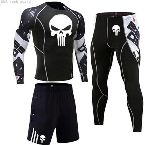 New Rash guard Men MMA Gym Running Clothing Tracksuit Compression sportswear Sweat exercise Tights Bodybuilding suits 3 pc /set