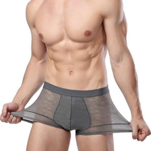 XXXL Ice Silk Sexy Ultra thin Mens Underwear Lace Hollow Boxer Shorts Transparent Trunks Soft Breathable Men Cueca Homme Panties