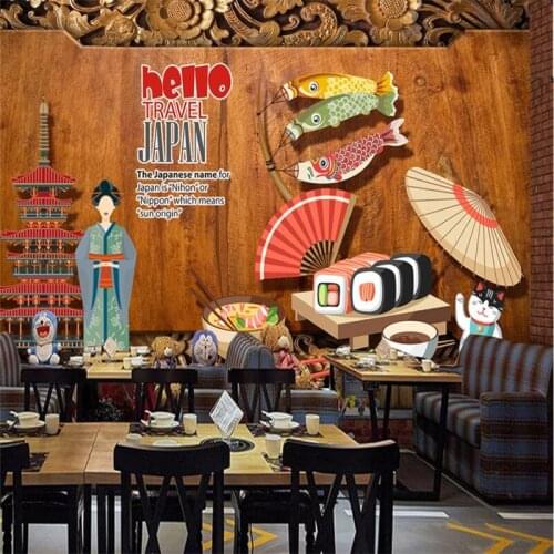 Japanese Characteristic Culture 3D Brown Wood Board Wall Paper Catering Sushi Restaurant Industrial Decor Mural Wallpaper 3D