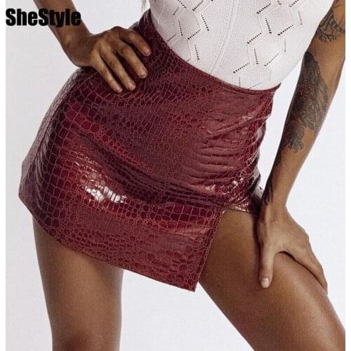 Shestyle Crocodile Skin Print Split PU Sexy Skirt Women High Waist Black Faux Leather Side Zipper Shine Mini Skirts Clubwear
