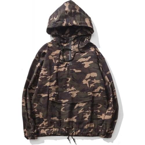 YuWaiJiaRen Japan Style Camouflage Jacket Men Spring Autumn Half Zipper Mens Hooded Coat with Big Front Pocket Tactical Jacket