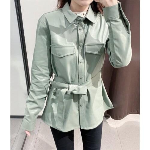 Pu Leather Shirt Jacket Tops with Belt 2021 Women Leather Jacket Single Breasted Casual Coat Tie Streetwear Coats