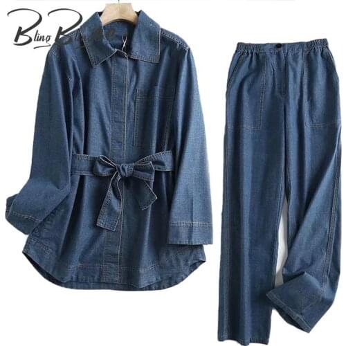 BlingBlingee Summer Autumn Casual Denim Suits Long Loose Shirts and Straight Jeans 2 Piece Sets Women Outfits Female 2021