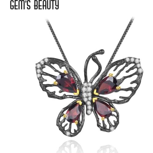 GEMS BEAUTY 925 Sterling Silver Butterfly Necklace For Women 2021 Natural Pear Cut Garnet Handmade Pendant Anniversary Gift