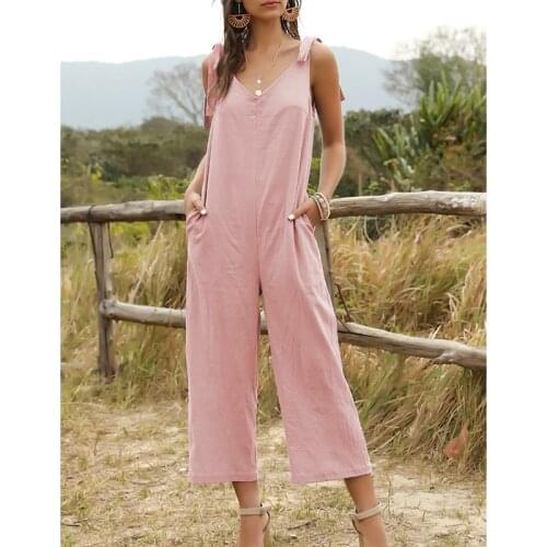 Womens Jumpsuit Summer Sexy V-neck Bowknot Suspender Backless Loose Jumpsuits S Size Pink