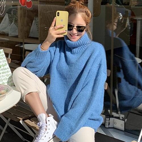 YAMDI women knitted sweater female casual spring autumn winter sweaters woman jumper korean solid blue turtleneck pullover new