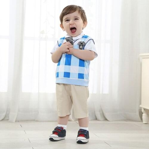 11.11 baby Birthday official store Clothing Boy Genltman 3 Pieces Newborn Thanksgiving Boys Wedding Suit Bule Plaid Vest Suit