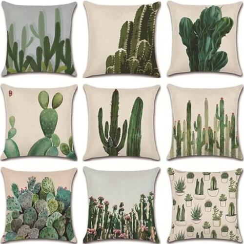 2pcs/set Flax Cactus Green Plant Pillowcase Sofa Decorated Throw Cushion Cover Square Pillow Case for Home Living Room Bedroom