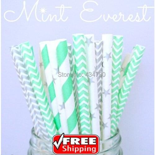 200pcs Mixed 4 Designs Mint Everest Themed Paper Straws - Mint and Silver,Stripe Chevron Star Drinking Straws,Wedding Party Bulk
