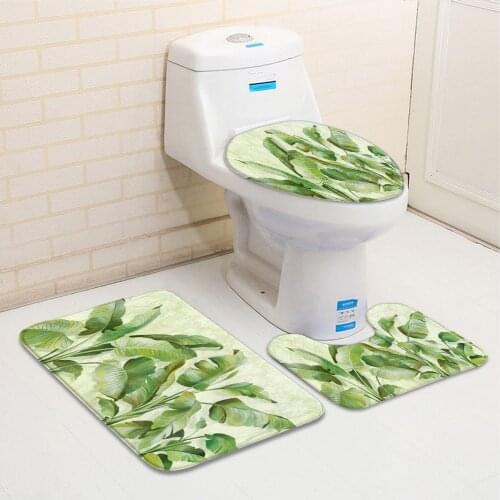 3pcs/Set Green Leaf Bathroom Mat Spring Tropical Plant Leaves Pattern Flannel Bath Decor Bathtub Toilet Carpet Non-Slip Rug