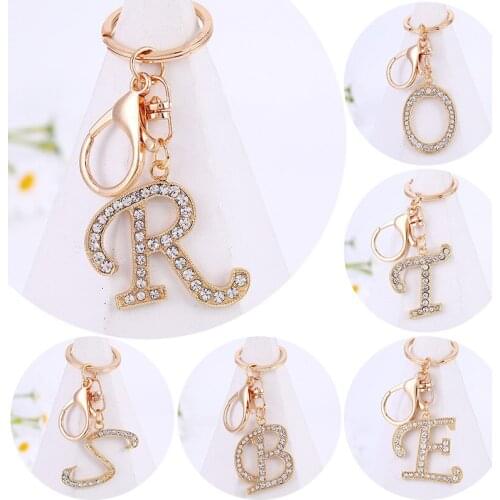 26 Letter Pendant Keychain Crystal Rhinestone Key Ring Gold Color Metal Key Chains Car Bag Keying Holder Unisex Accessories