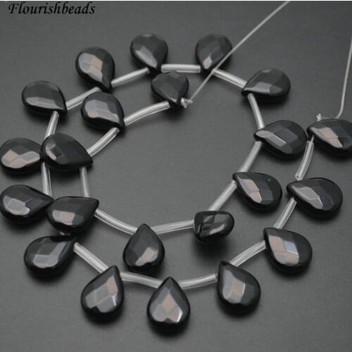 Faceted Natural Pure Black Onyx Agate Flat Drop Pear Shape Stone Loose Beads 12x16mm 13x18mm Jewelry Accessories