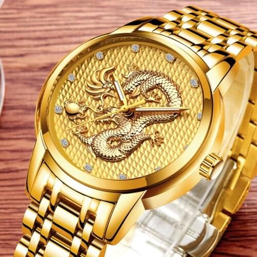 Relogio masculino Genuine LIGE Mens Watches Top Brand Luxury Gold Dragon Sculpture Quartz Watch Men Full Steel Wristwatch +box