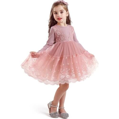 Spring/ Autumn Flower Dress For Girls Vintage Hollow Bow Long Sleeve Costumn For Children Pretty Birthday Party Clothes For Kids