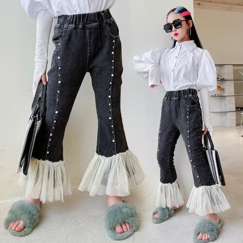 Girls' jeans 2021 new childrens western style micro-flared pants spring and autumn thin autumn long pants