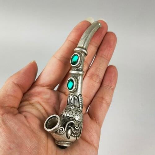 Exquisite Chinese Old Antiques Handmade White Copper Dragon Smoking Pipe