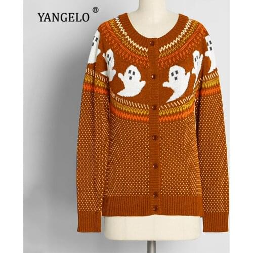 Yangelo Gothic Ghost Pattern Cardigan Women Knit Coat Loose Long Sleeves Warm Autumn Winter Streetwear Fashion Girl Y2K Tops