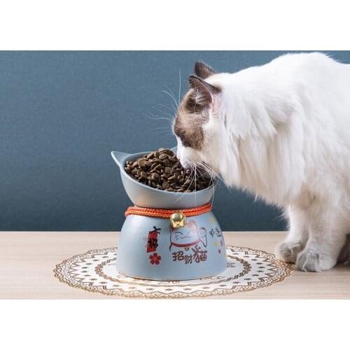 Lucky Cat Ceramic Bowl Pet Protection Cervical Spine High Foot Cat Food Bowl Anti-overturning Rice Bowl Water Cat Supplies