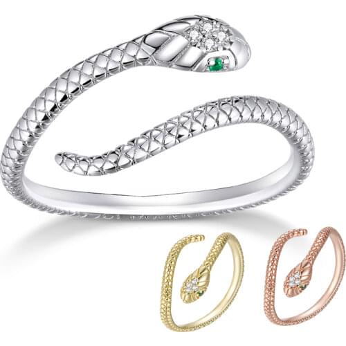 BAMOER Silver Vintage Yellow Gold Rose Gold Snake Ring Adjustable Finger Rings Indian Retro Open Ring for Women Fashion SCR666