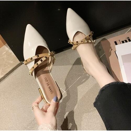 Korean summer new style patent leather pointed toe with rivet sandals fashion trend Baotou low-heeled slippers women