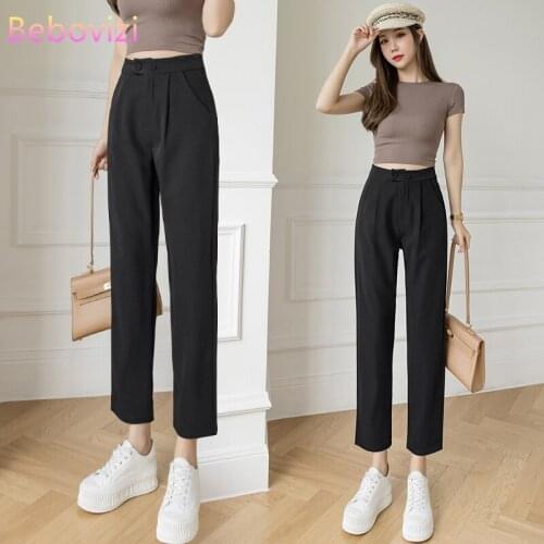 Bebovizi Black 2021 New Women Suit Pants Spring Summer Office Lady Long Trousers Solid Loose High Waist Vestodo Female Pants