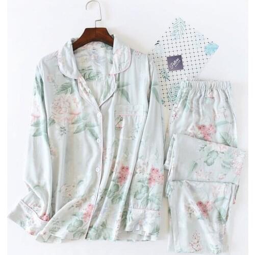 2021 Spring New Ladies Pajamas Set Floral Printed Soft Sleepwear Cotton Simple Style Women Long Sleeve+Pants 2Piece Set Homewear