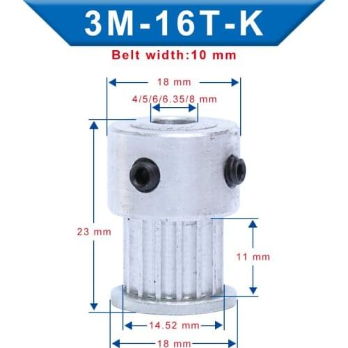 3M-16T Pulley K Shape Inner Bore 4/5/6/6.35/8 mm Slot Width 11 mm pulley wheel Aluminum Material For Width 10 mm 3M-Timing Belt