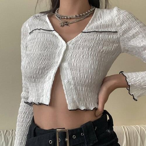 Casual Frill Womens Cropped Tops Button Long-sleeved Cardigan Fashion Solid Color Pleated Single-breasted Exposed Navel T-shirts