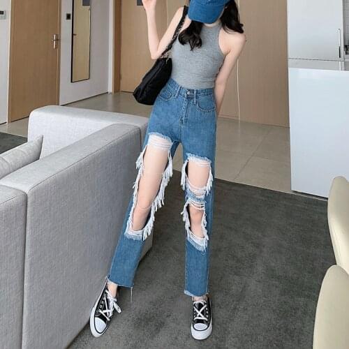 Hole Straight Ripped Korean Vintage Clothes WomenS High Waist Trousers Fashion Jeans Pants For Girls Streetwear 2021 Autumn