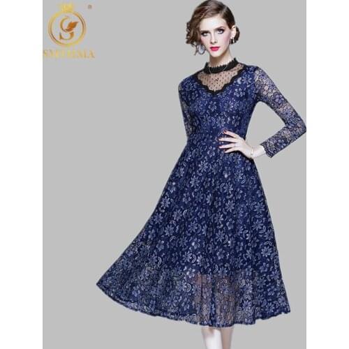 SMTHMA 2021 New Spring Fashion Runway Dress Women Long Sleeve Mesh Lace Patchwork Elegant Dresses Vestido