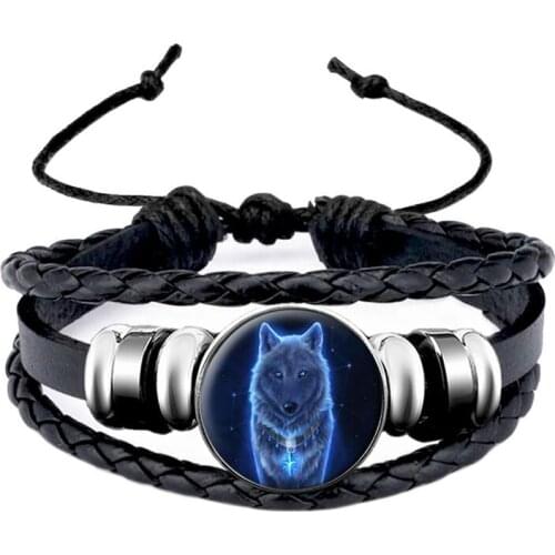 Sport Black Leather Men Bracelet Hip Hop Animal Wolf Glass Dome Cabochon Snap Button Adjustable Bracelets Wristband