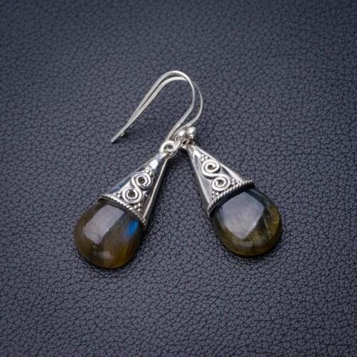 StarGems Natural Blue Fire Labradorite Handmade 925 Sterling Silver Earrings 1.5" D7738