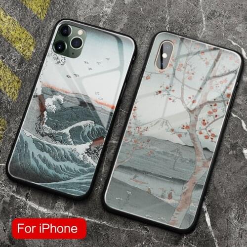 Ukiyo-e japanese Vintage Wave Soft Silicone Tempered Glass Phone Case Cover For iPhone SE 6s 7 8 Plus X XR XS 11 PRO 12 mini MAX