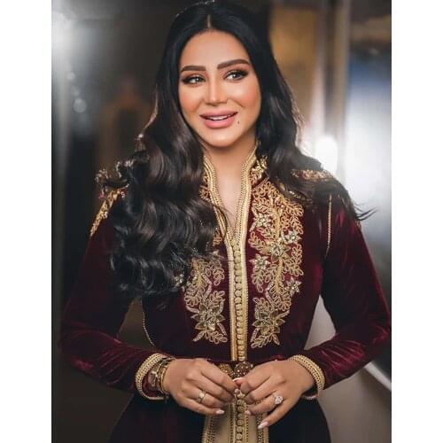 Moroccan long sleeved dress Burgundy dress long sleeved evening dress floor-to-floor velvet vintage dress with embroidery