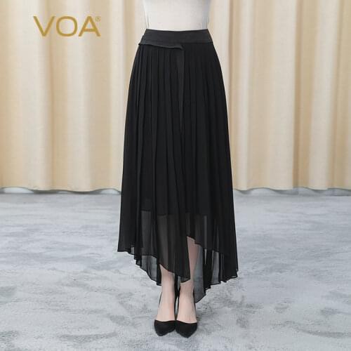 VOA Silk Georgette Black Natural Waist Asymmetric Double Irregular Hem Casual Fashion Skirt Summer CE72 Faldas Mujer Moda 2021