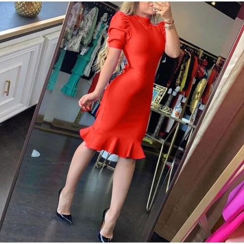 High Quality Red Black Purple Elegant Ruffles Bodycon Rayon Bandage Dress Evening Party Dress Vestidos
