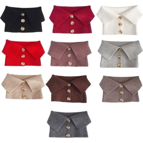 Women Buttons Decorative Turtleneck Fake Collar Solid Color Knitted Warm Circle Scarf Windproof Stretchy Neck Warmer