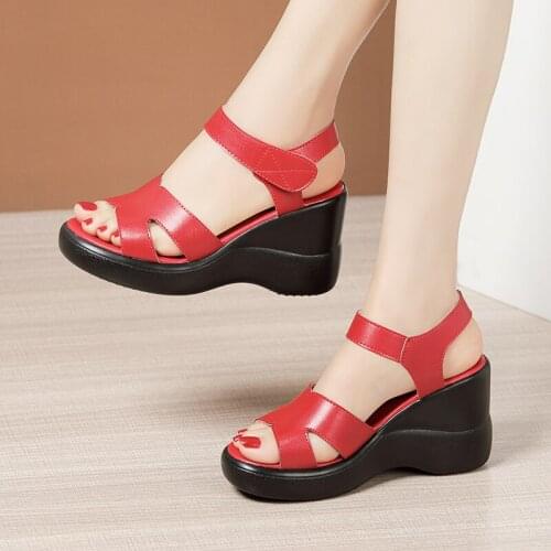 Wedges Heel 8cm High Heel Velcro Sandals Ladies 2021 Summer New Platform Large Model Catwalk Red Sandals Size 32-43