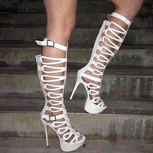 2020 New Gladiator Knee-high Platform High Heels Sandals Boots Cut-out Leather Straps Cross High Platform Sandal Boots Female