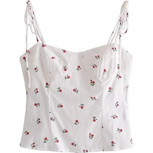 Vintage French Style Floral Print Cute Ladies Short Sling Tops Sweet Girls Elasic Waist Backless Rose White Camis Chic