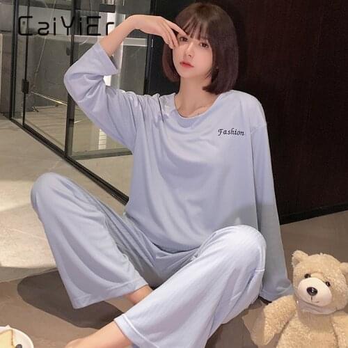 CAIYIER Autumn Winter Women Pajama Set O-Neck Long Sleeve Girl Nightwear Pure Color Contracted Leisure Loose Sleepwear Home Wear