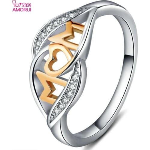 AMORUI Romantic AAA Zircon Love Mommy Jewelry Ring For Women Gold Heart Ring Give Mom Ring Gift Mother And Daughter Ring