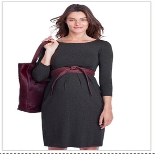 Maternity Women Dress Spring Summer 3/4 Sleeve O-Neck Knee Length Dress New Mom Western Style High Elastic Waist Slim Fit Dress