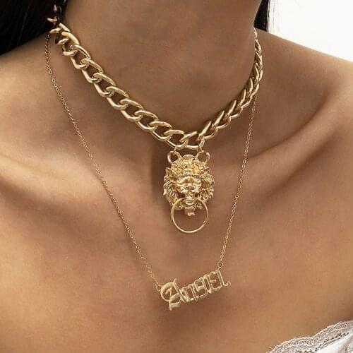 GSOLD Trendy Thick Chain Lion Head Pendant Necklace Simple English Letter Thin Chain Set Necklace Women Punk Jewelry 202103
