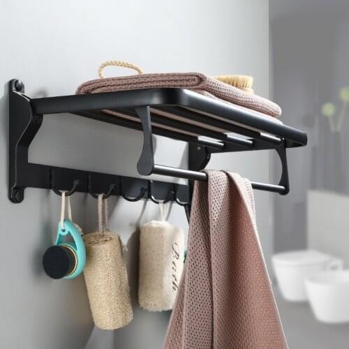 Black towel rack space aluminum storage rack bath towel rack folding bath towel rack hotel bathroom hardware pendant