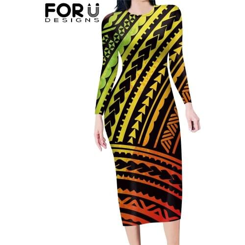 FORUDESIGNS Women Sexy Midi O-Neck Dress Polynesian Symbols Female Leisure Long Sleeves Holiday Clothing Vestidos De Mujer