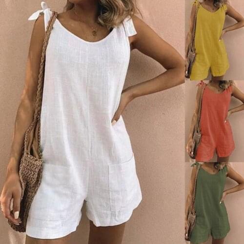 Women Jumpsuit Solid Color Shoulder Strap Summer Round Neck Wide Leg Pockets Playsuit casual jumpsuit women 2021 short kpytomoa